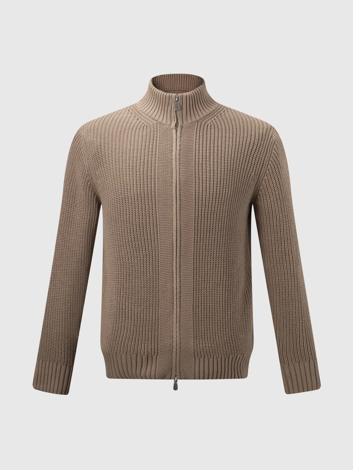 Style No. W 7 B’s Classic pattern double zipper knitted jacket. See picture 9 for details of fabric composition. Size: M L XL XXL Color: Light Khaki color